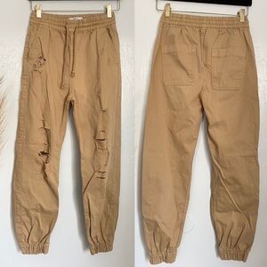 Bershka Distressed Drawstring Cargo Pants Tan Sz S